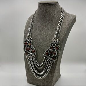 Vintage Brutalist Silver Tone Multi-Chain Amber Cabochon Statement Necklace